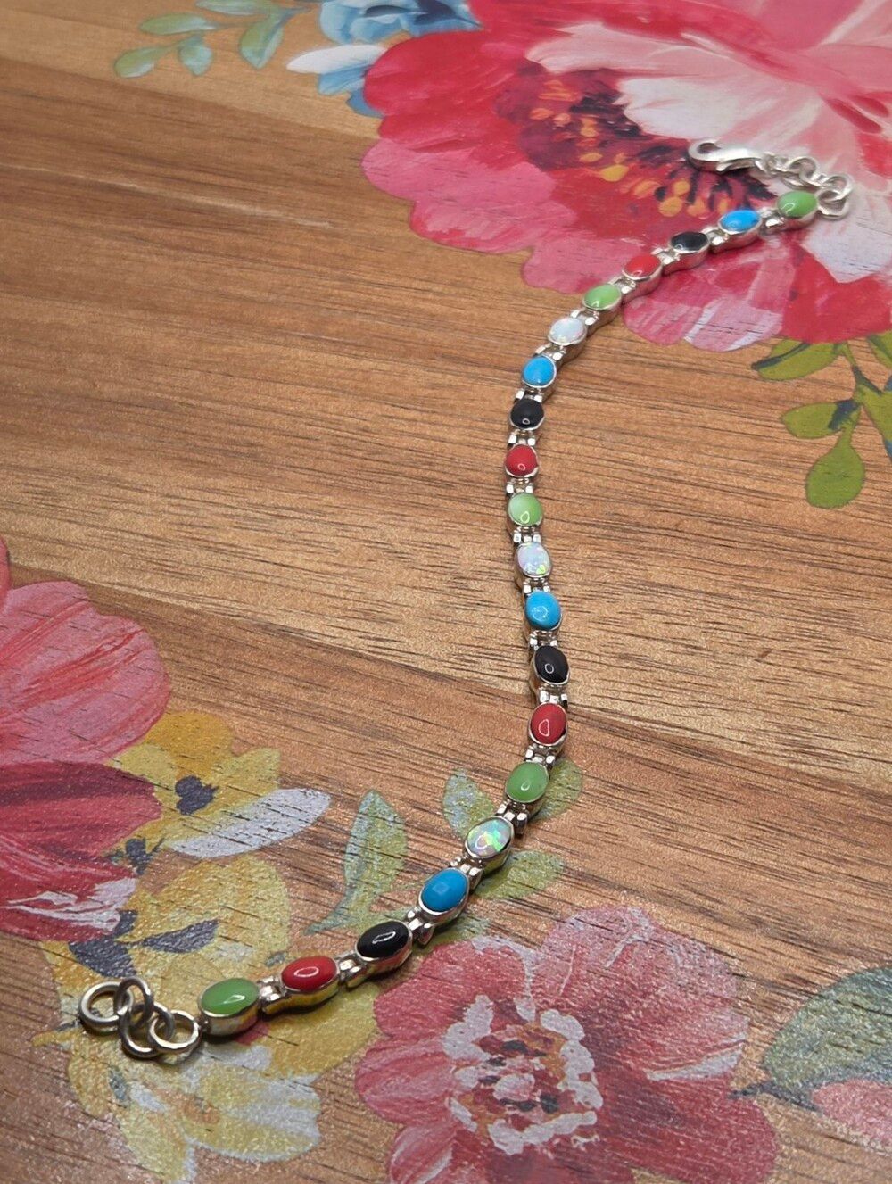 Vintage Sterling Silver Multi-Stone Inlay Link Bracelet 7"